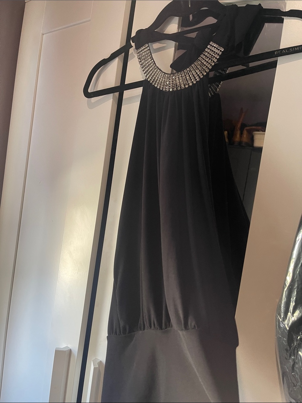 Strapless Black Evening Dress with Embellished Neckline